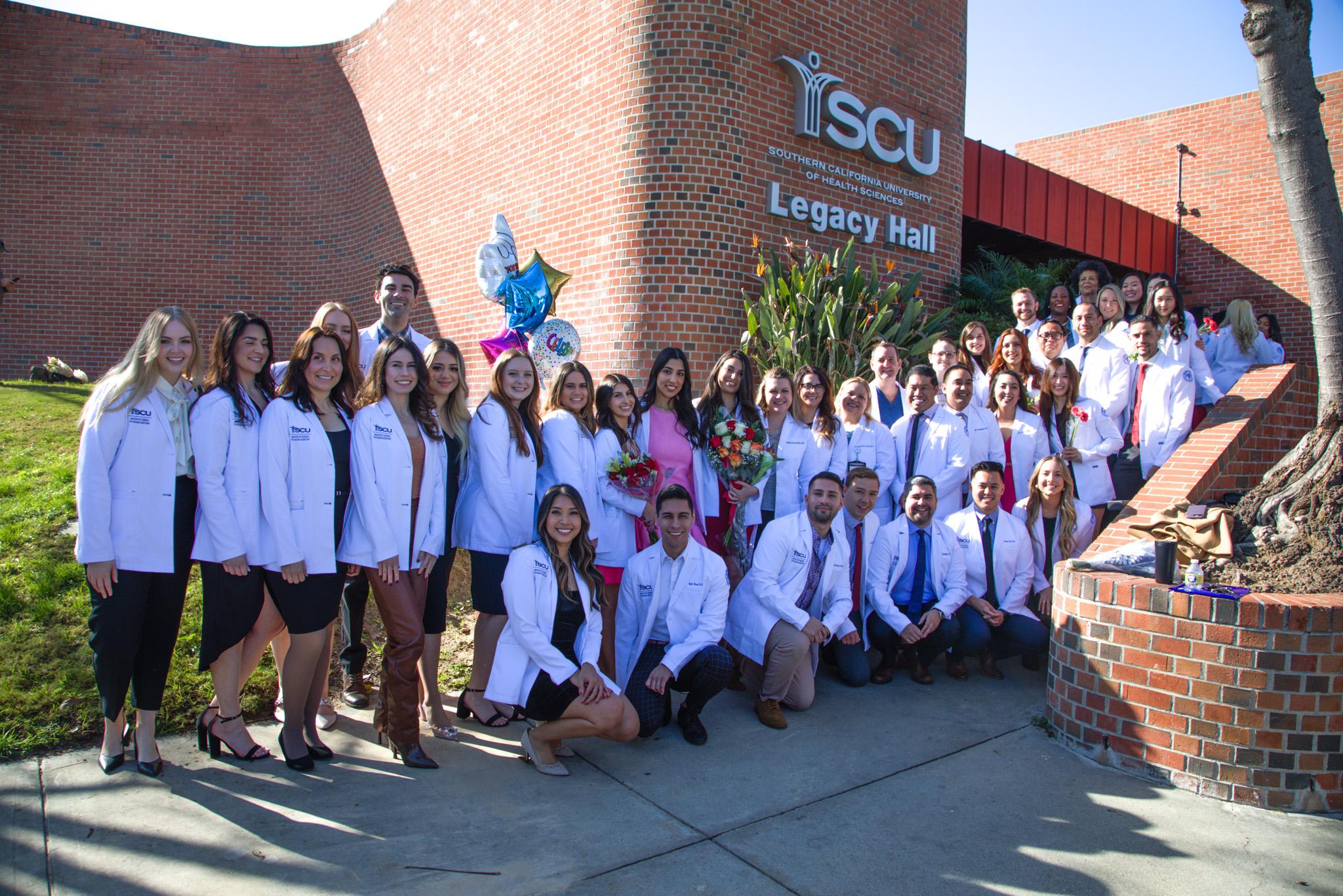 A group photo of most of the 50 SCU MSPA students who received their white coats during the Jan. 19 White Coat Ceremony.