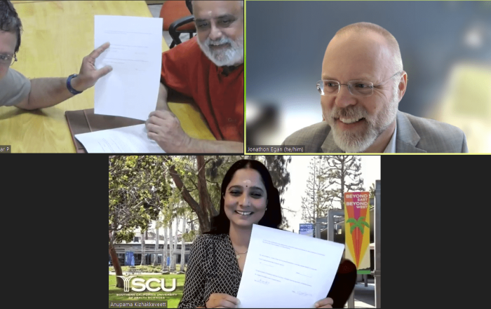 Upper left: Dr. Ram Manohar, Director, Center for Advanced Research in Ayurveda, Amrita School of Ayurveda; and Swami Sankaramritananda Puri, Dean of Amrita School of Ayurveda. Upper right: Dr. Jonathan Egan, Assistant Provost, Academic Administration, SCU. Lower middle: Dr. Anupama Kizhakkeveettil, SCU Health Ayurveda Medicine Program Director. Dr. Anu signed the MOU on behalf of SCU and Swami Sankaramritananda Puri signed the MOU on behalf of the Amrita Centre for Advanced Research in Ayurveda, Amrita School of Ayurveda, Amrita Vishwa Vidyapeetham.