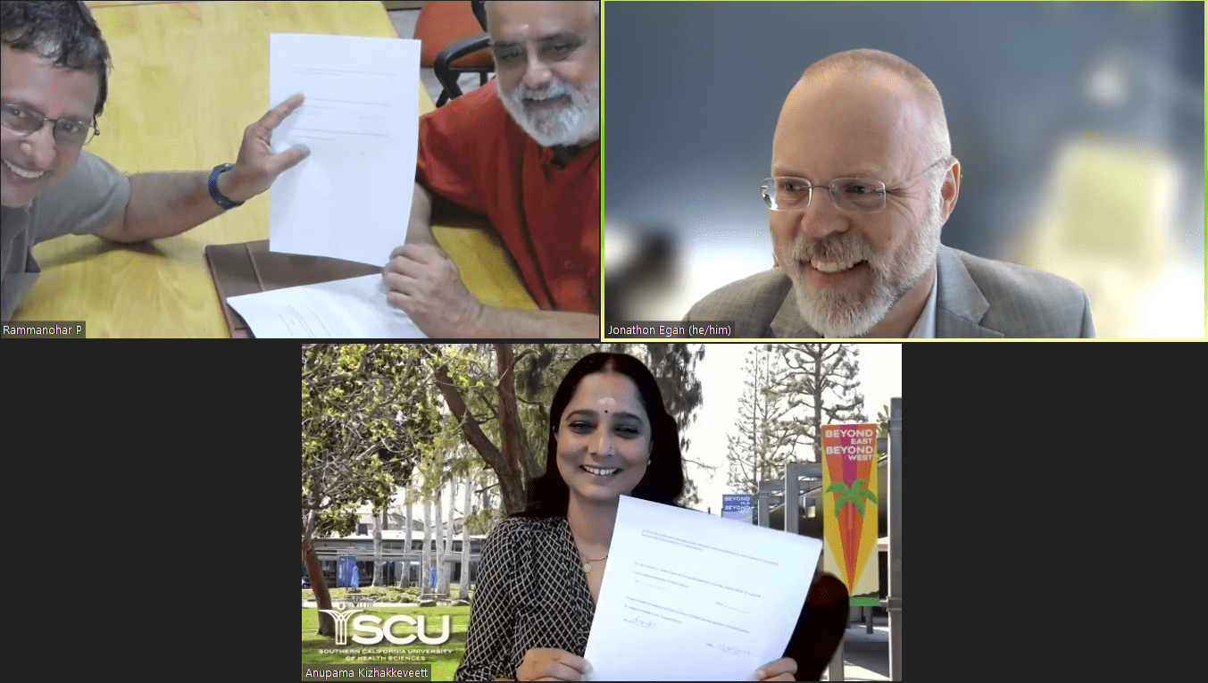 Upper left: Dr. Ram Manohar, Director, Center for Advanced Research in Ayurveda, Amrita School of Ayurveda; and Swami Sankaramritananda Puri, Dean of Amrita School of Ayurveda. Upper right: Dr. Jonathan Egan, Assistant Provost, Academic Administration, SCU. Lower middle: Dr. Anupama Kizhakkeveettil, SCU Health Ayurveda Medicine Program Director. Dr. Anu signed the MOU on behalf of SCU and Swami Sankaramritananda Puri signed the MOU on behalf of the Amrita Centre for Advanced Research in Ayurveda, Amrita School of Ayurveda, Amrita Vishwa Vidyapeetham.