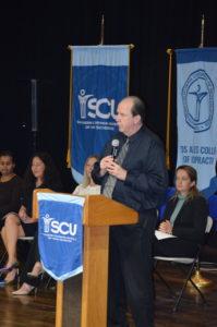 Joseph Horrigan, DC, DACBSP, Executive Director of Tactical Sports Medicine for SCU Health and Associate Professor for LACC gives the keynote address at the Spring 2023 DC White Coat Ceremony.