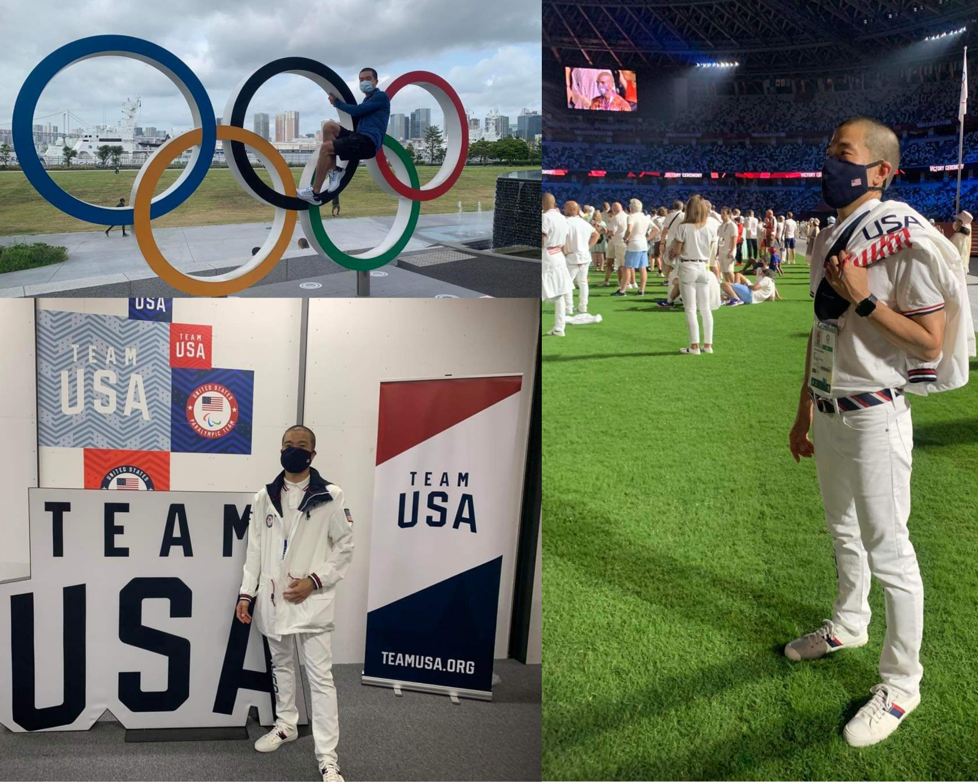 Three photos of Dr. Hiromichi Nakano at the Summer Olympics in Tokyo