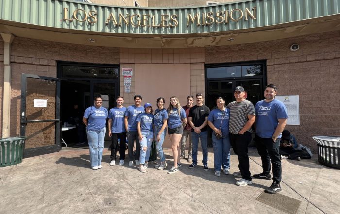 SCU students from the PA program standing in front of the LA MIssion.