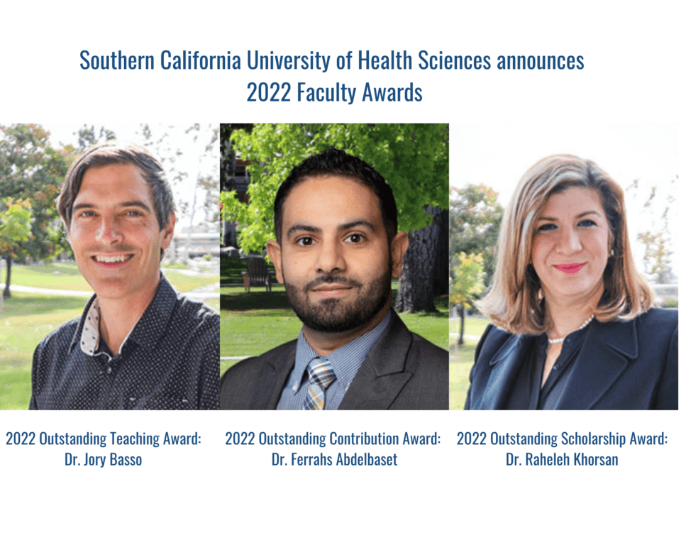 A collage of headshots of the 2022 SCU faculty awardees, including Dr. Jory Basso, Dr. Raheleh Khorsan, and Dr. Ferrahs Abdelbaset.