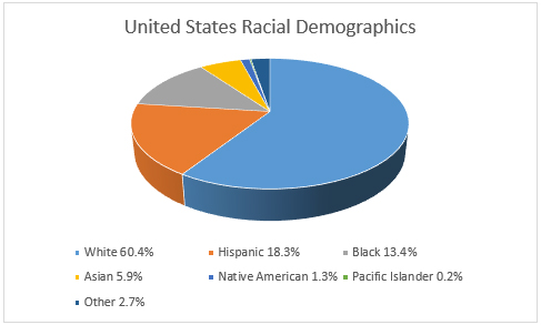 United States racial demographics are: `White 60.4%, Hispanic 18.3%, Black 13.4%, Asian 5.9%, Amerindian and Alaska native 1.3%, native Hawaiian and other Pacific islander 0.2%, other 2.7%.